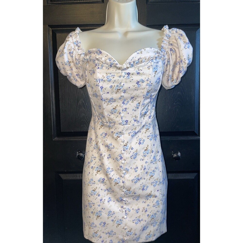 Lavish Alice Blue Floral Off Shoulder Corset Mini Dress UK 10 US 6